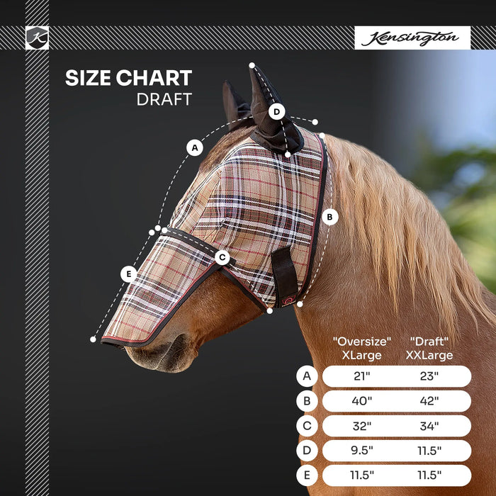 Kensington Equine Draft Horse Fly Mask w/Ears & Nose Full UV Coverage Size Chart