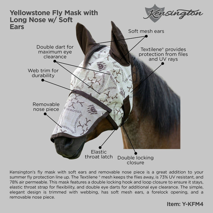 Yellowstone Equine Fly Mask with Ears & Long Nose - 73% UV Blocking Kensington Protective Products