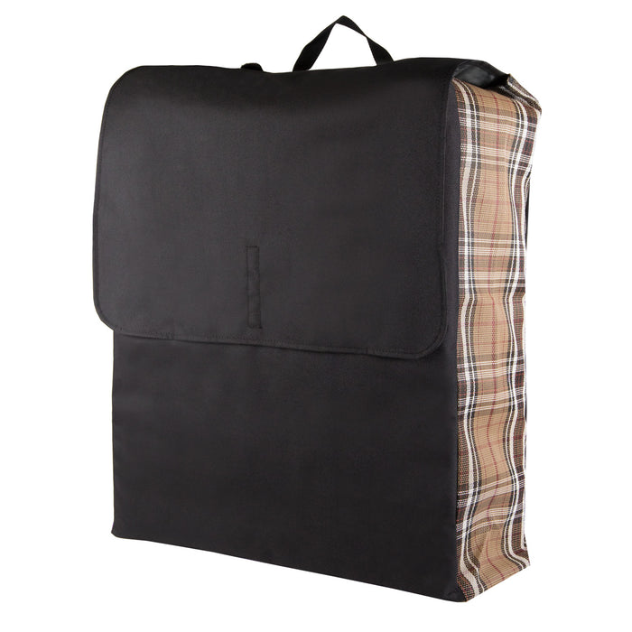 Tan plaid and black blanket storage bag