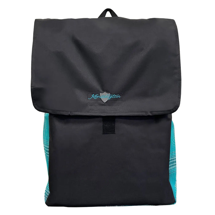 Black and aqua blanket storage bag.