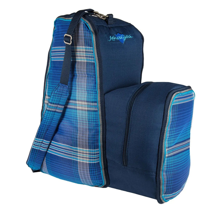Blue plaid and navy padded boot and helmet carrier