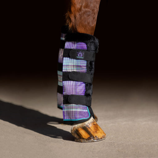 Purple plaid and black color fly boots with fleece trim