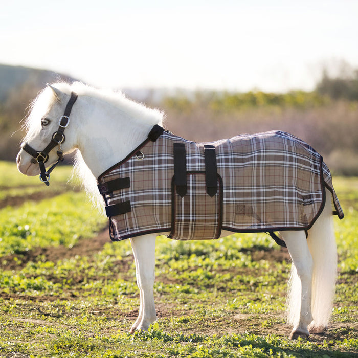 Mini textilene protective fly sheet. UV protection. Miniature horse. Tan brown plaid