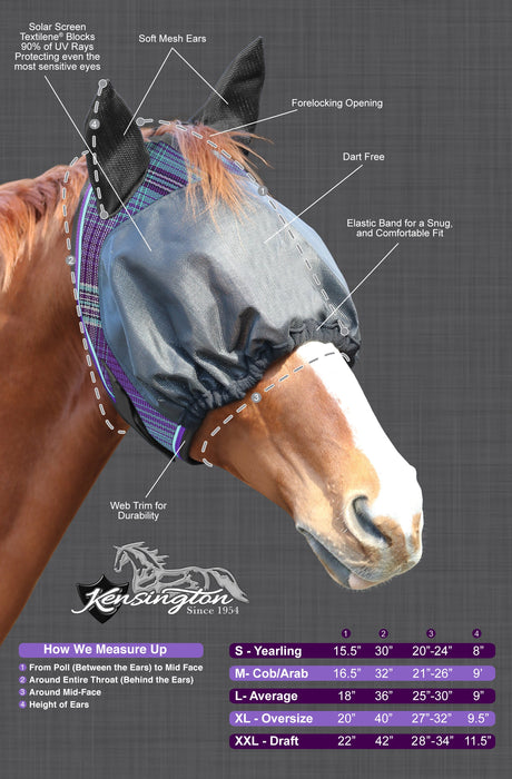 90% UV Draft Fly Mask Dartless UViator -  Soft Mesh Ears with Forelock Opening
