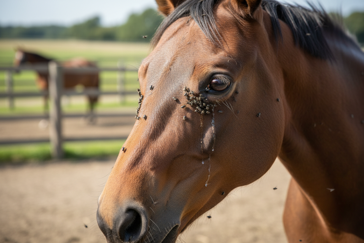 What eye issues can flies cause in horses and how fly masks solve them