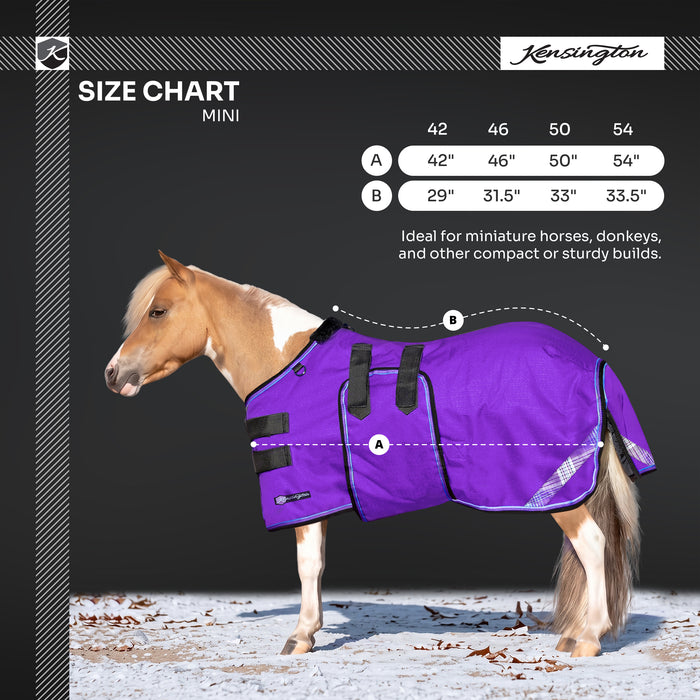 New Mini 180G Medium Weight Horse Winter Turnout Blanket - Waterproof & Breathable — B - Navy — size chart — 5SCR180-42-B