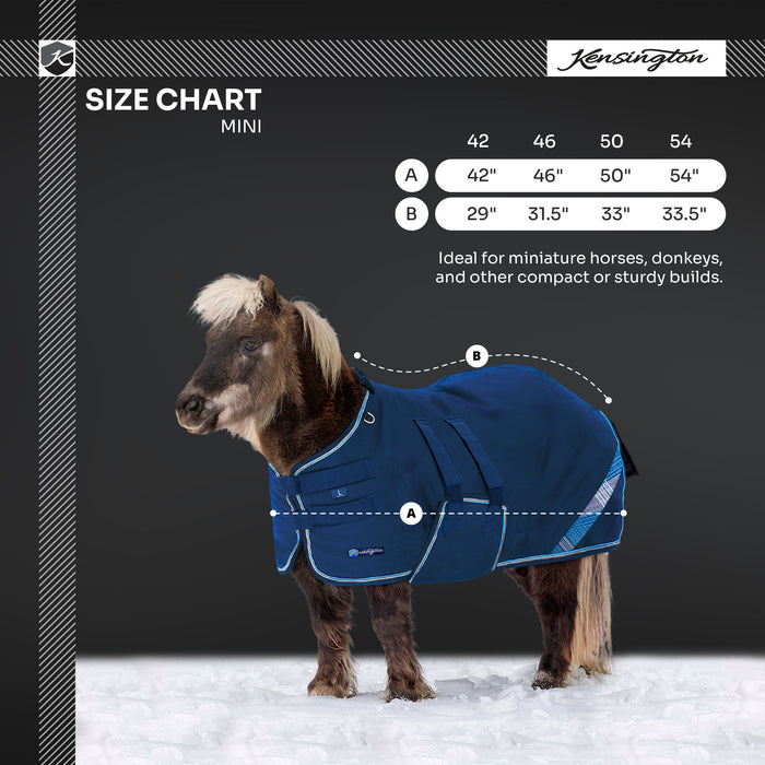 New Mini 300G Heavy Weight Horse Winter Turnout Blanket - Waterproof & Breathable — B - Navy — size chart — 5SCR300-42-B
