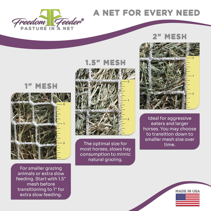 Freedom Feeder Extended Day Net - Slow Feed Hay Net - 2 String Bale - 3 Size Mesh Options Freedom Feeder
