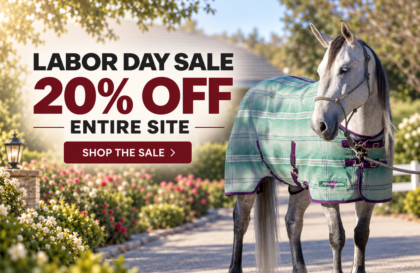 A gray horse standing outdoors on a sunlit path wearing a green plaid horse blanket with purple trim. Large sale text on the left reads 'LABOR DAY SALE 20% OFF ENTIRE SITE' with a 'SHOP THE SALE' button.