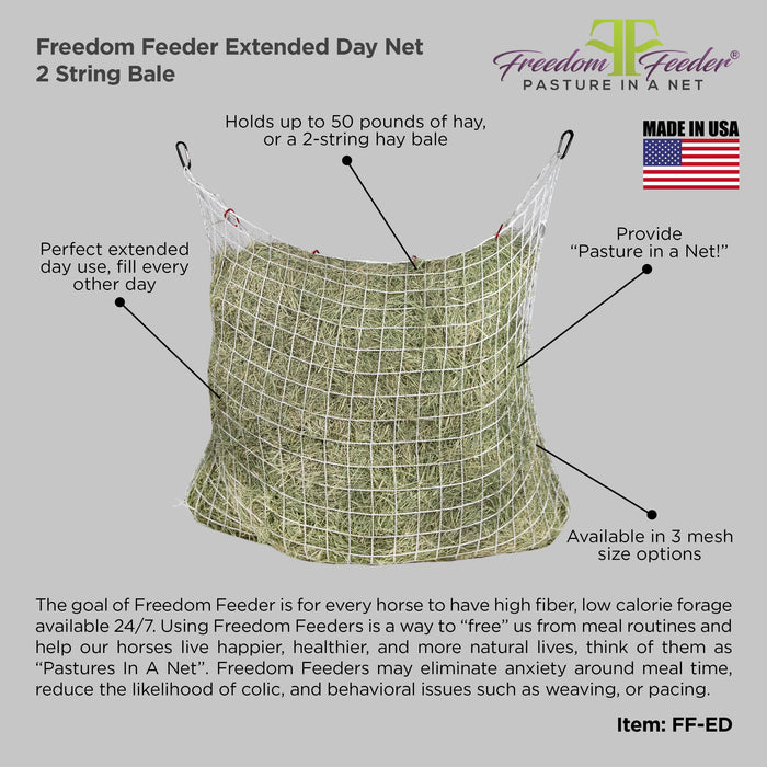 Freedom Feeder Extended Day Net - Slow Feed Hay Net - 2 String Bale - 3 Size Mesh Options Freedom Feeder