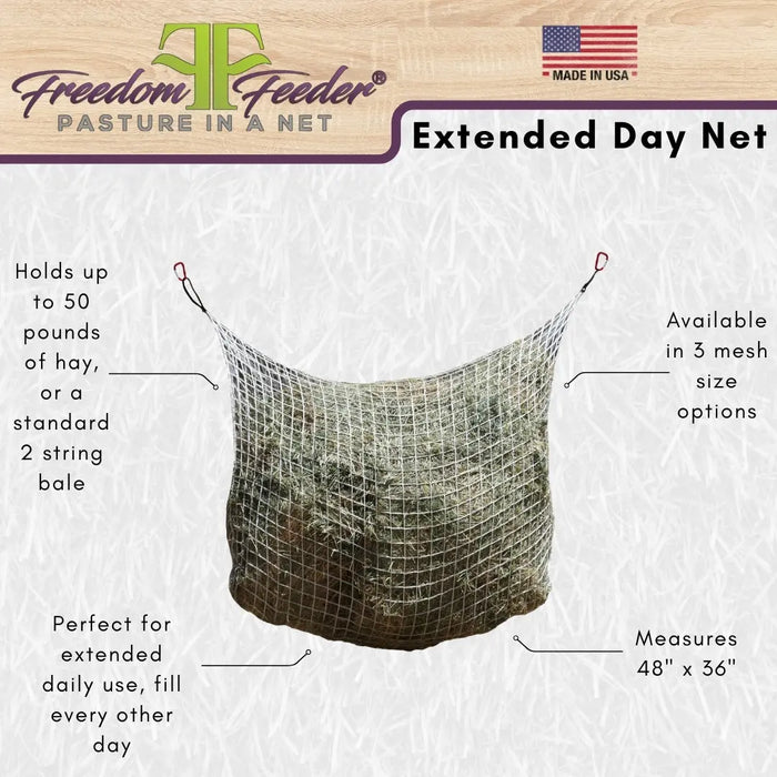Freedom Feeder Extended Day Net - Slow Feed Hay Net - 2 String Bale - 3 Size Mesh Options Freedom Feeder