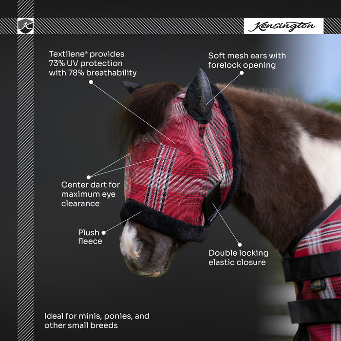 Kensington Mini Horse Fly Mask with Ears & Fleece Trim | UV Blocking Infographic