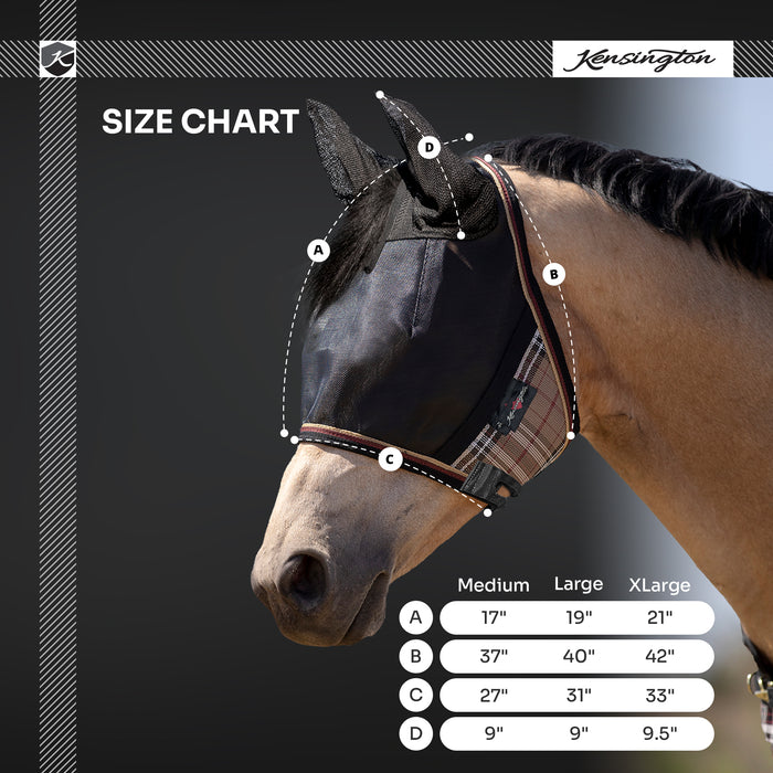 Kensington UViator Horse/Equine Fly Mask with Ears 90% UV Protection Size Chart