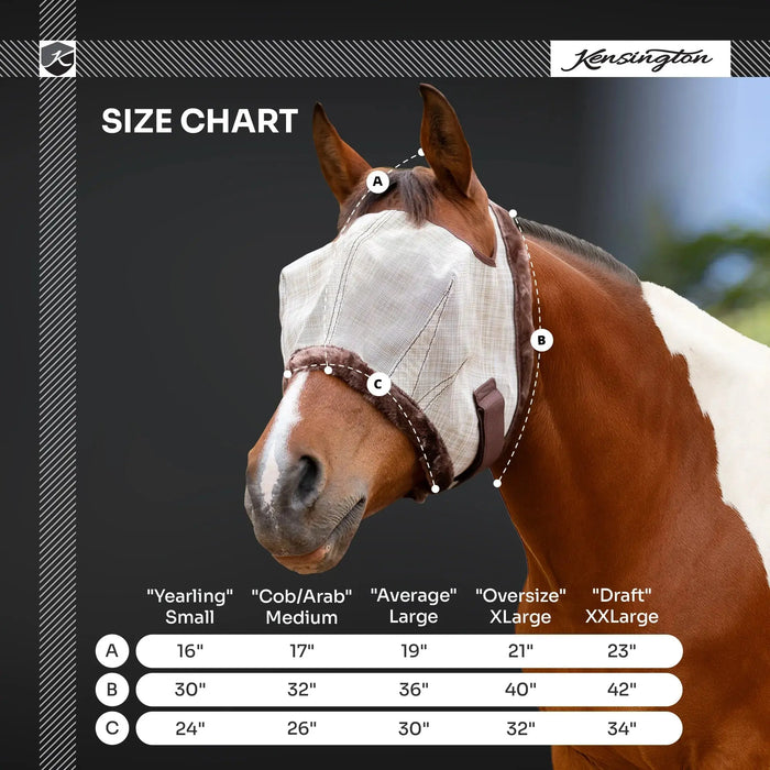 Kensington Equine Horse Fly Mask w/ Fleece | UV blocking + Comfort Size Chart