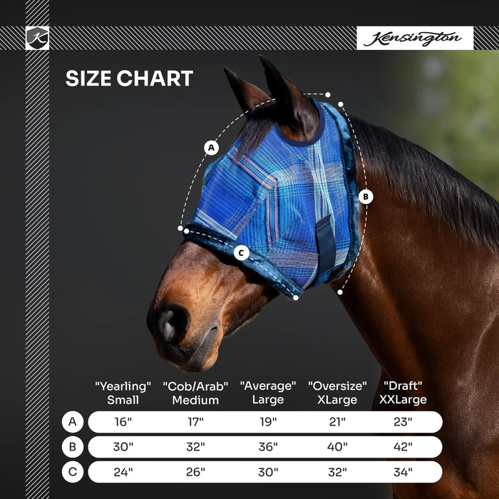 Kensington Equine Horse Fly Mask w/ Fleece | UV blocking + Comfort Size Chart