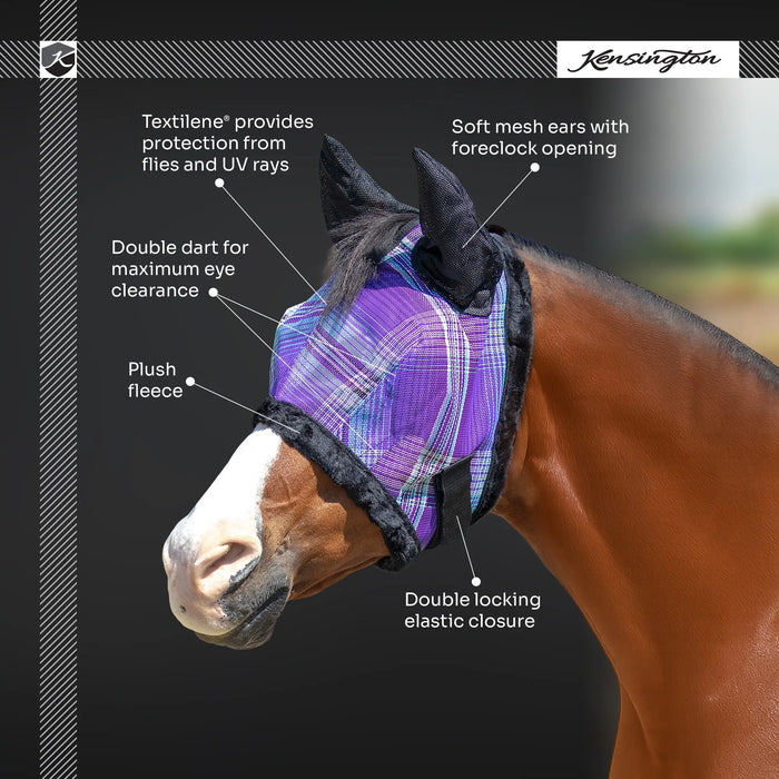 Kensington Equine Horse Fly Mask w/ Fleece & Ears | UV + Comfort Infographic