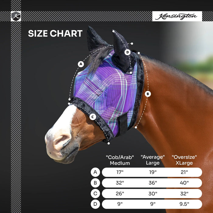 Kensington Equine Horse Fly Mask w/ Fleece & Ears | UV + Comfort Size Chart