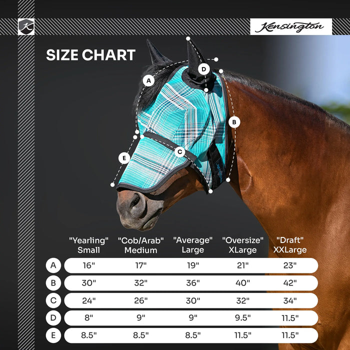 Kensington Equine Horse Fly Mask w/ Ears & Nose Full UV Coverage Size Chart