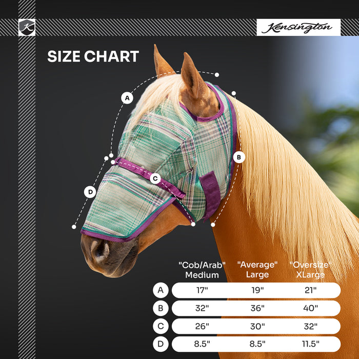 Kensington Equine Horse Fly Mask w/ Nose | UV blocking + Durable Size Chart