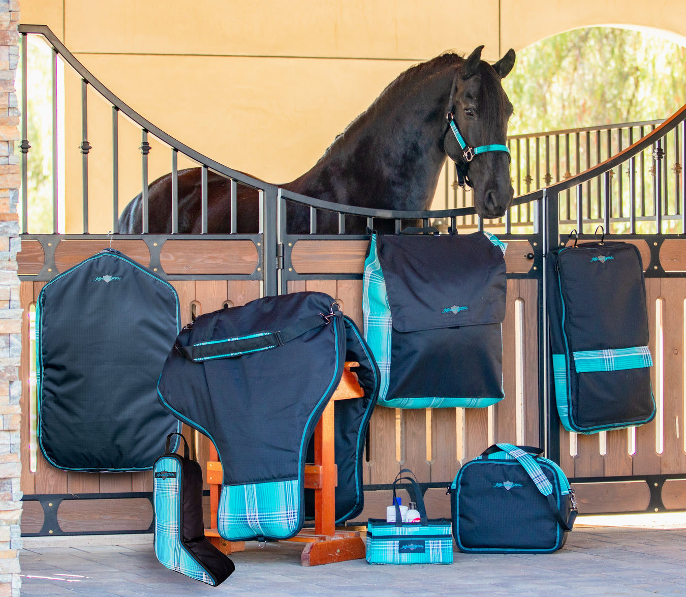 Horse with tack bags and equipment in an equestrian setting