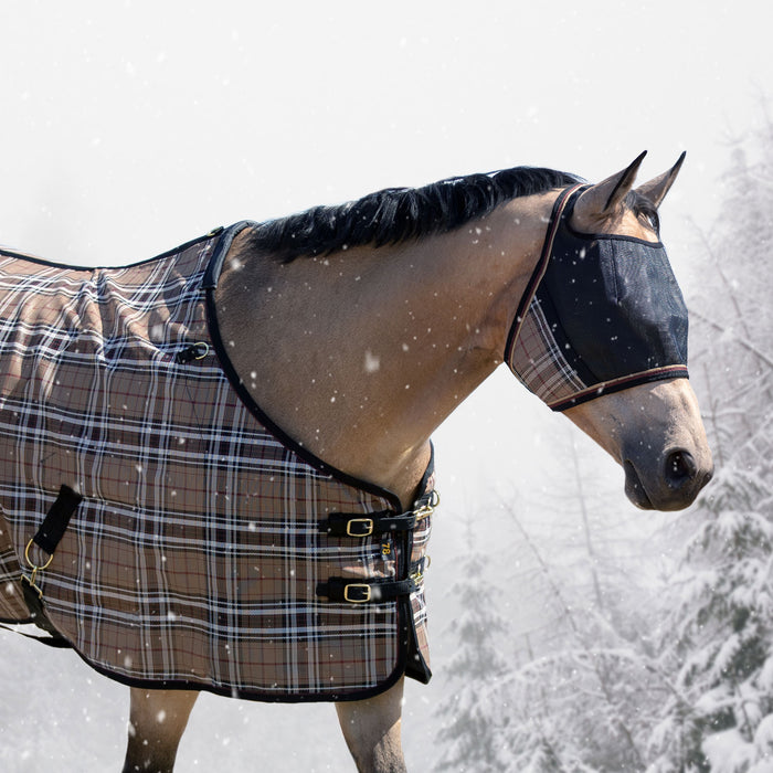 Kensington UViator Protective Fly Mask. 90% UV. Eye protection. Tan plaid with black. Horse in bright snow wearing matching winter blnaket