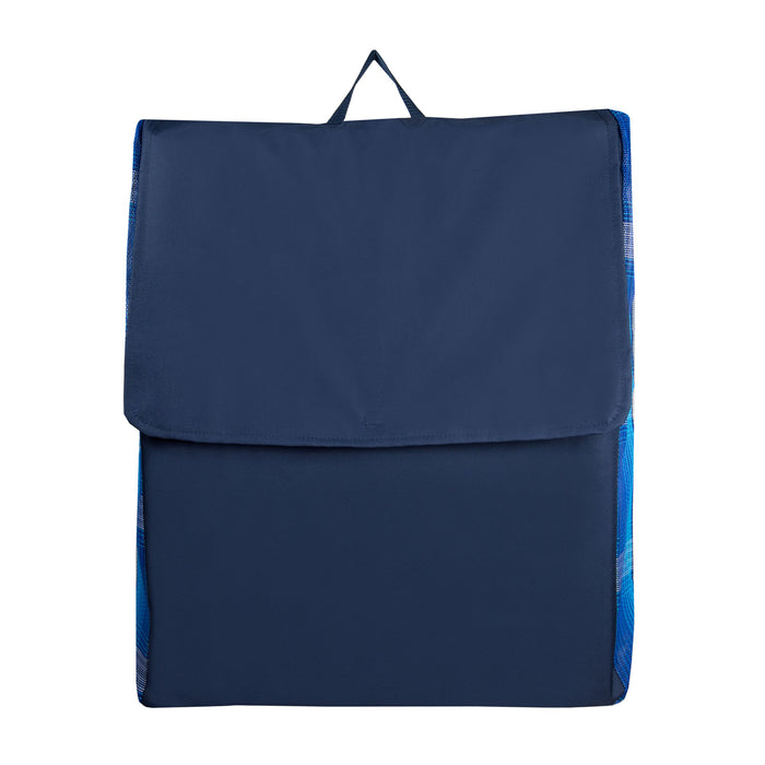 blue plaid and navy blanket storage bag