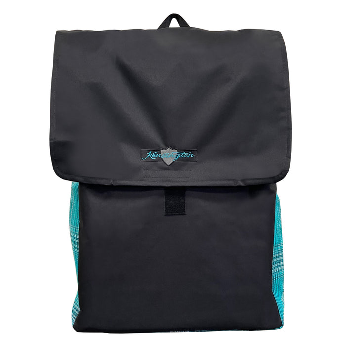 Black and aqua blanket storage bag. 