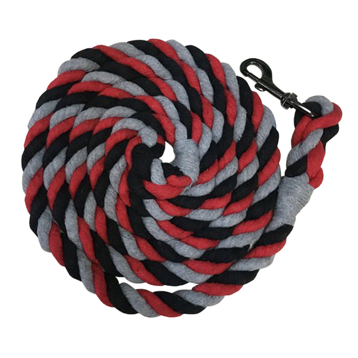 Tri colored horse lead rope in hues of gray, black and red. 