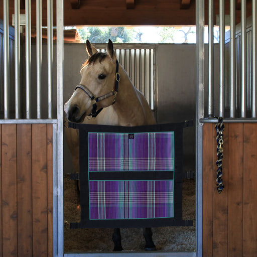 Textilene mesh stall guard. Purple plaid with black trim.