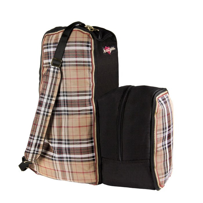 Tan plaid and black padded boot and helmet carrier