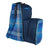 Blue plaid and navy padded boot and helmet carrier