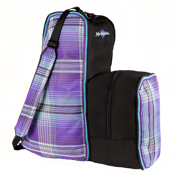 Purple plaid and black padded boot and helmet carrier