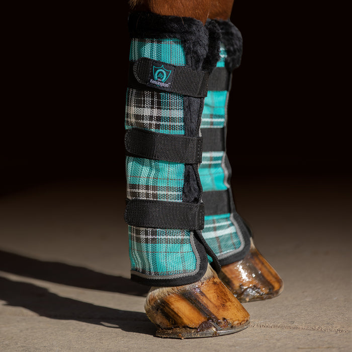 Draft fly boots with fleece trim in aqua. 