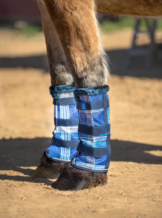 Draft fly boots with fleece trim in royal blue. 