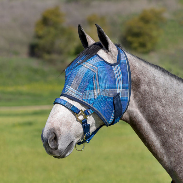 Kensington fly mask with 73% UV protection. Open forelock. Blue plaid