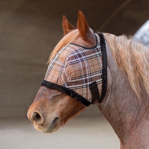Draft fly mask with open forelock and fleece trim. Brown
