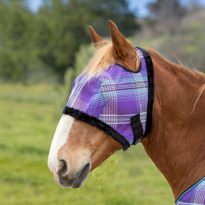 Draft fly mask with open forelock and fleece trim. Purple