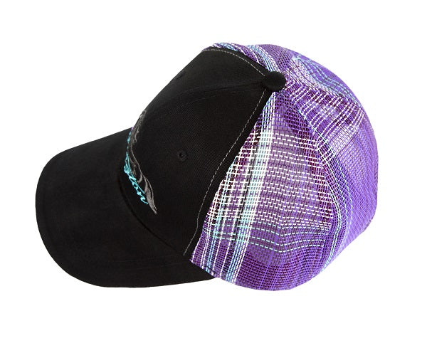 Top of baseball hat in black and purple. 