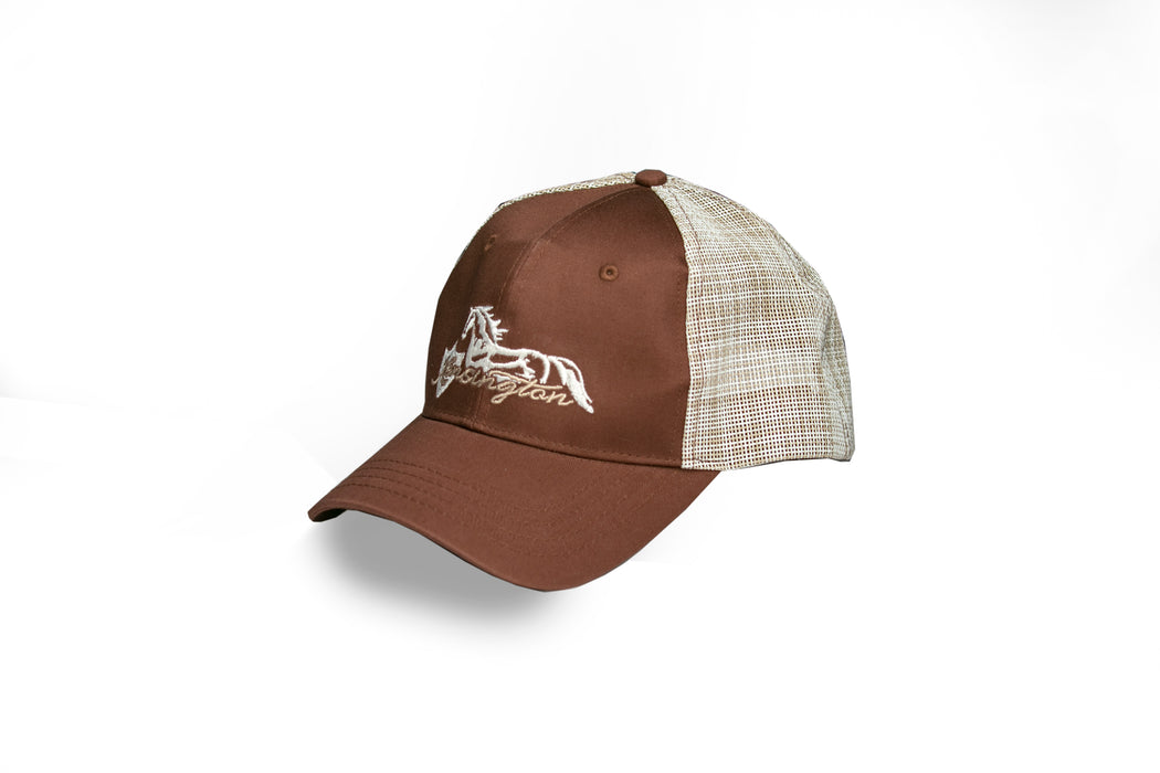 Baseball hat in brown and beige.