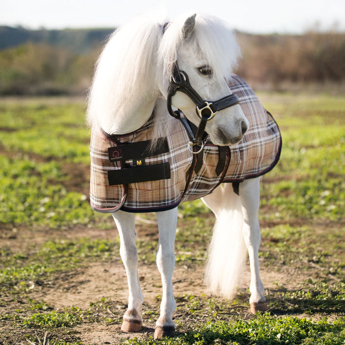 Mini textilene protective fly sheet. UV protection. Miniature horse. Tan brown plaid
