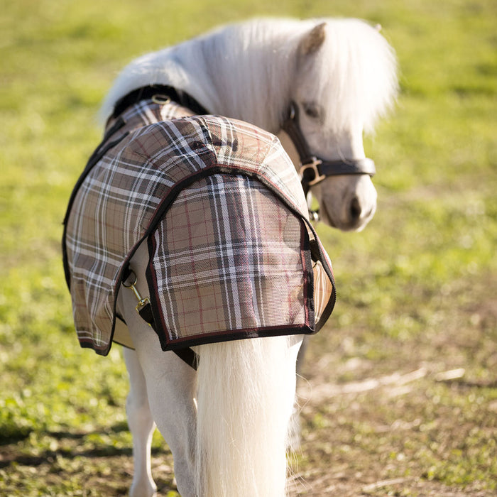 Mini textilene protective fly sheet. UV protection. Miniature horse. Tan brown plaid