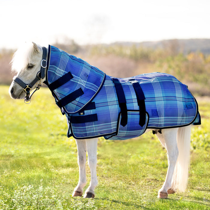Mini textilene protective fly sheet. UV protection. Miniature horse wearing flysheet and neck cover. Blue plaid