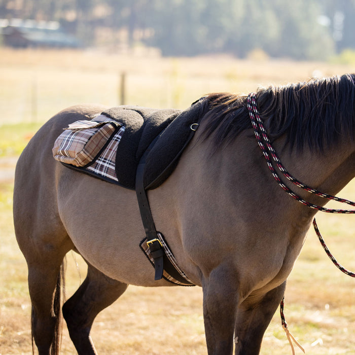 Brown plaid and black Fleece Bareback Pad with Pockets sown on horse