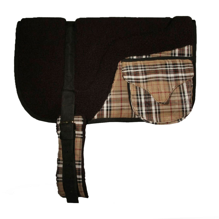 Tan plaid and black Fleece Bareback Pad with Pockets