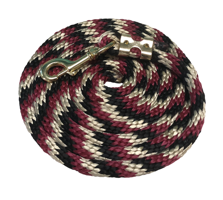 Tri colored horse lead rope in burgundy, gold and black.