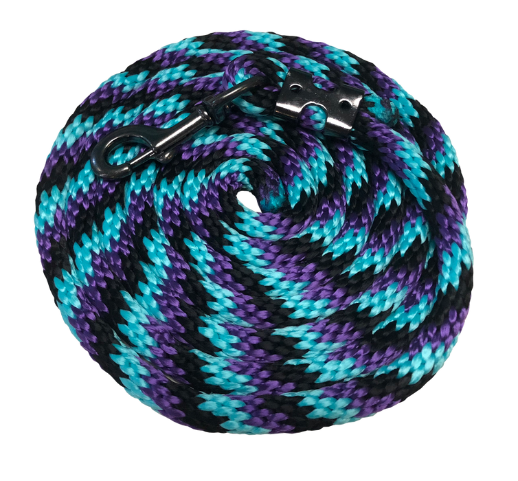 Tri colored horse lead rope in aqua, purple, and black.