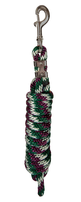 Tri colored horse lead rope in plum, hunter, and gold.