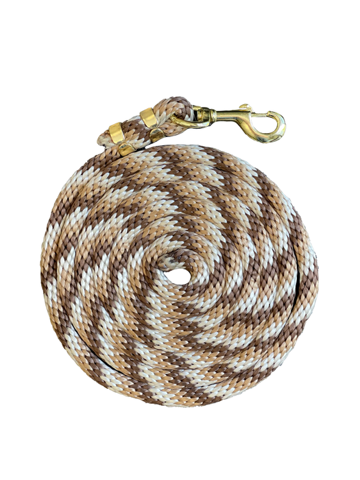 Tri colored horse lead rope in cream, brown and gold.