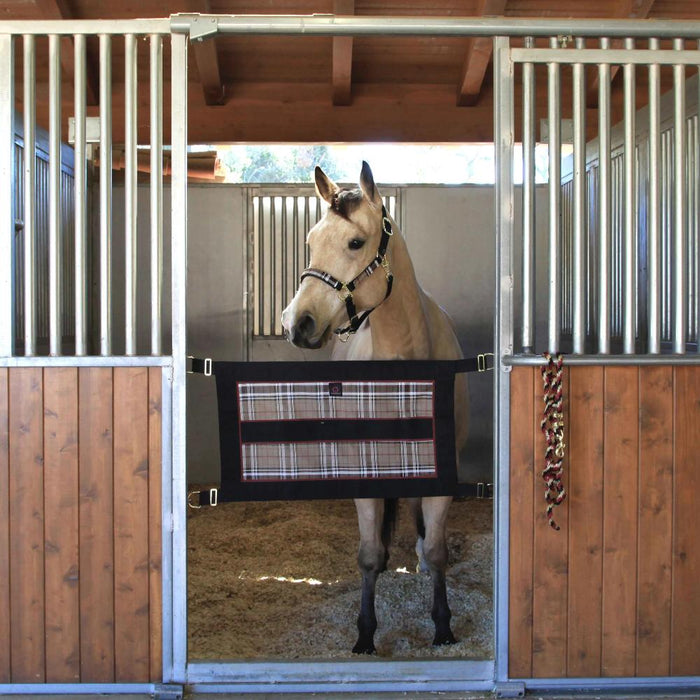 Textilene mesh stall guard. Tan brown plaid with black trim.