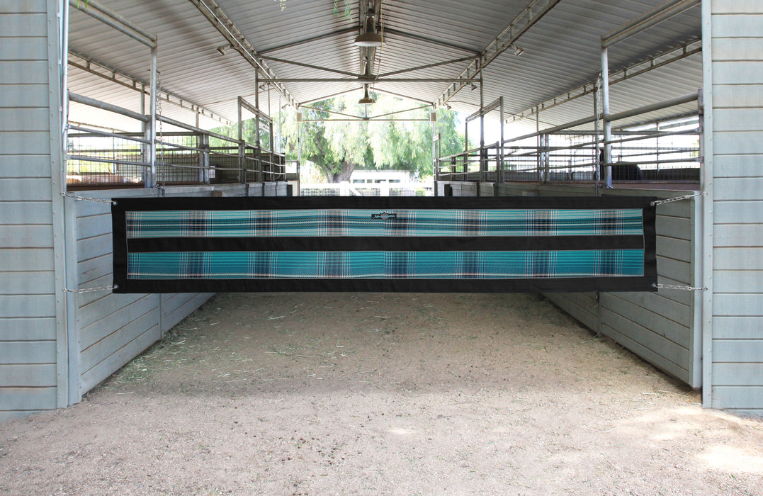 Aisle guard in turquoise and black.